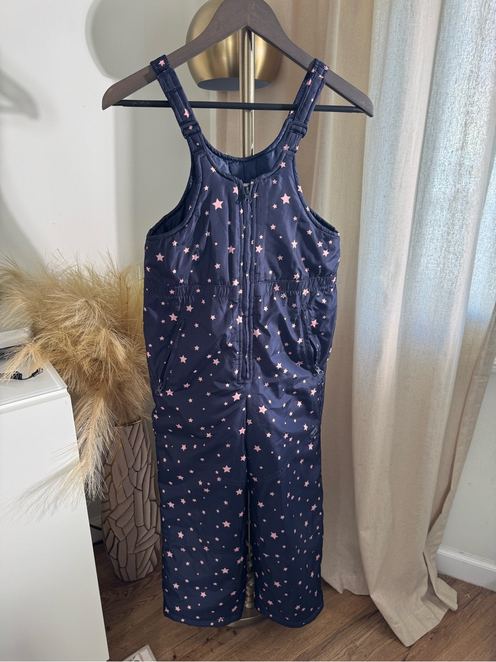 Navy Star Print Snow Bib Overalls - Pink Stars